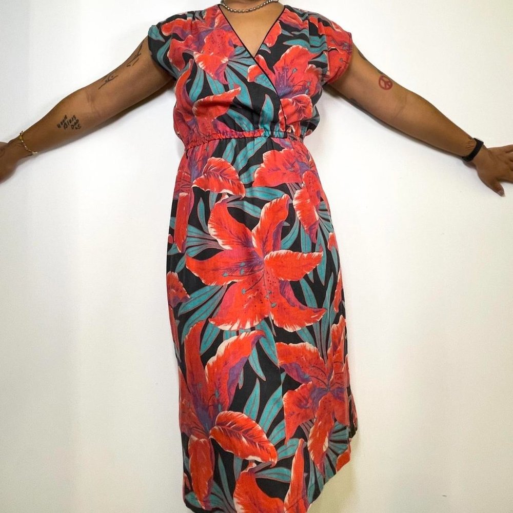 Vintage 80s Floral Hibiscus Half Wrap Midi Dress 8/9 Jerell Of Texas